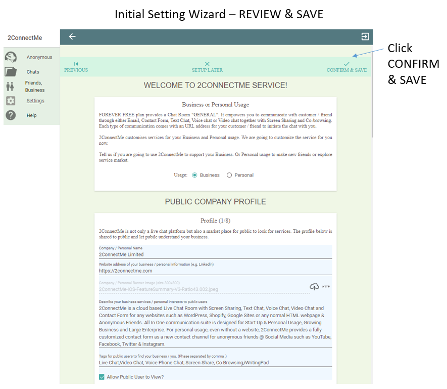 Initial Settings Wizard – 2ConnectMe